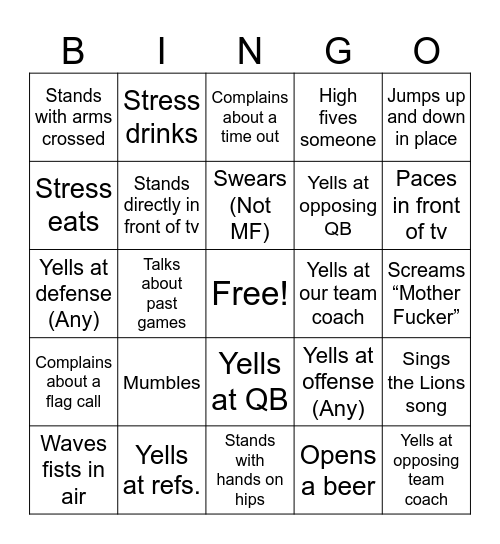 Lions Game Bingo Card