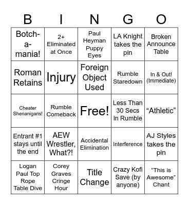 Royal Rumble 2024 Bingo Card