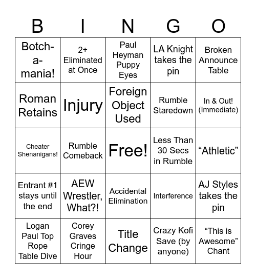 Royal Rumble 2024 Bingo Card