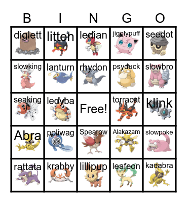 Pokemon Pics and Names Bingo Card