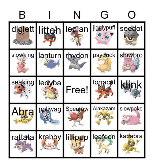 Pokemon Pics and Names Bingo Card