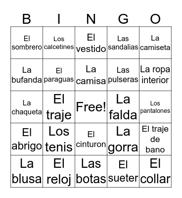 La Ropa Bingo Card