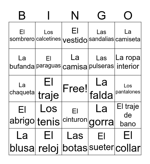 La Ropa Bingo Card