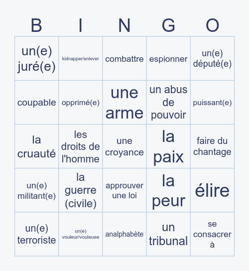 Français Unité 4 Bingo Card