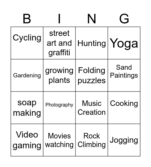 Bingo Hobbies Bingo Card