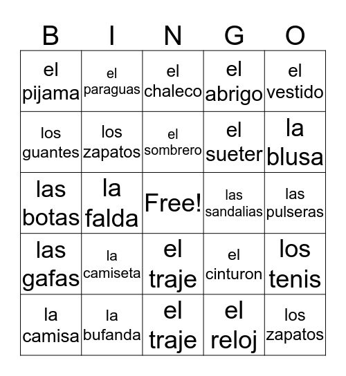 spanish:( Bingo Card