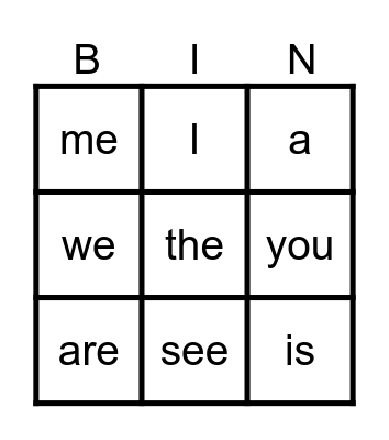 sight words Bingo Card