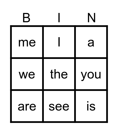 sight words Bingo Card