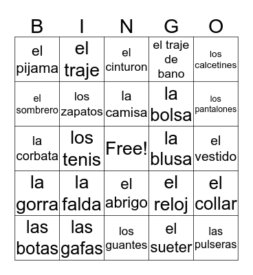 la ropa Bingo Card