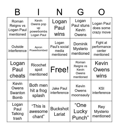 Logan Paul vs Kevin Owens Bingo Card