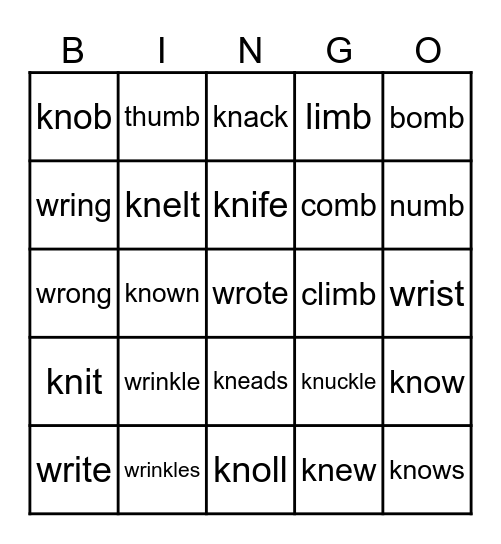 Silent Letters Bingo Card