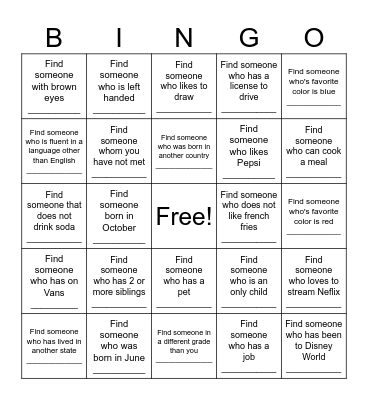 Get to know your classmates! Bingo Card