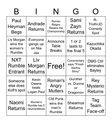 Royal Rumble 2024 Bingo Card