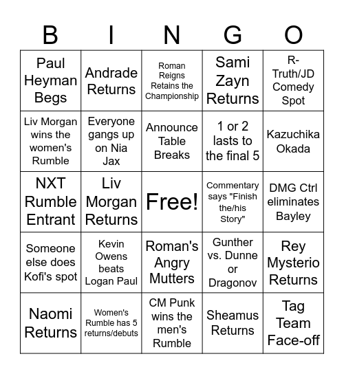 Royal Rumble 2024 Bingo Card