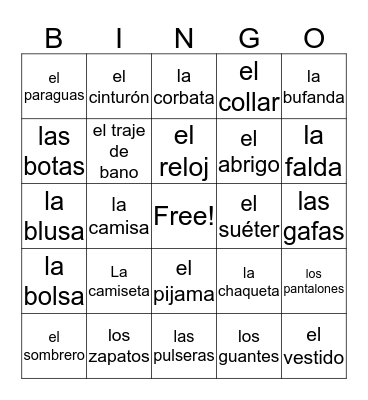 Spanish Bingo Card