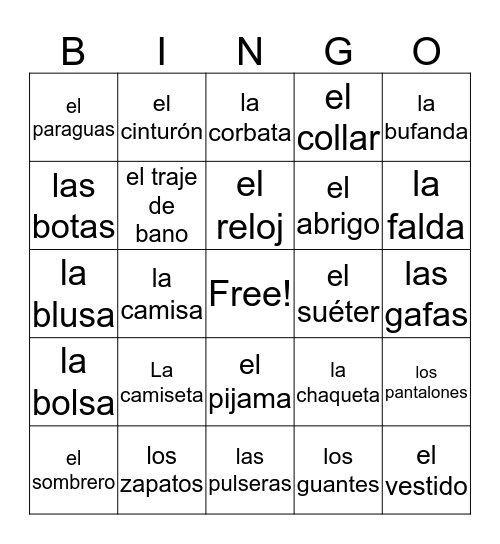 Spanish Bingo Card