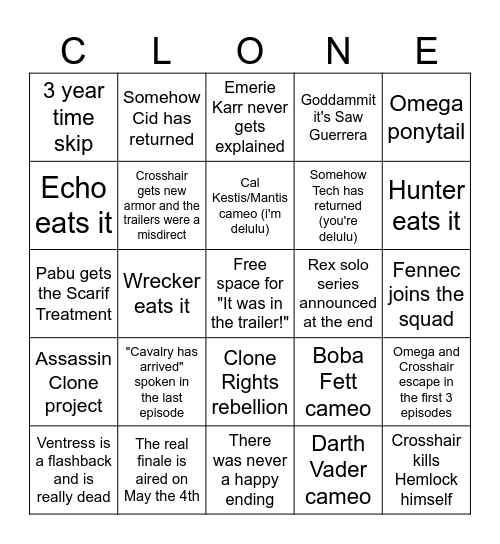 Season 3 Bingo Card Bingo Card