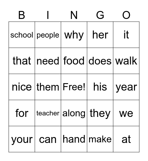 Sight Words Bingo Card