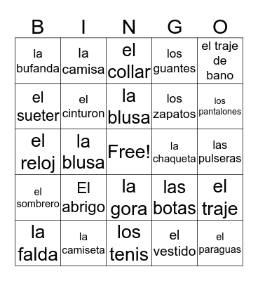 Spanish Bingo Card