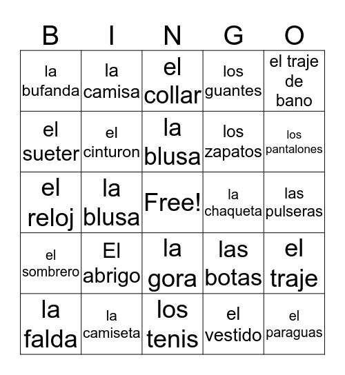 Spanish Bingo Card