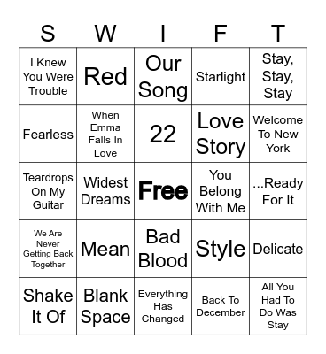 Taylor Swift Bingo Card