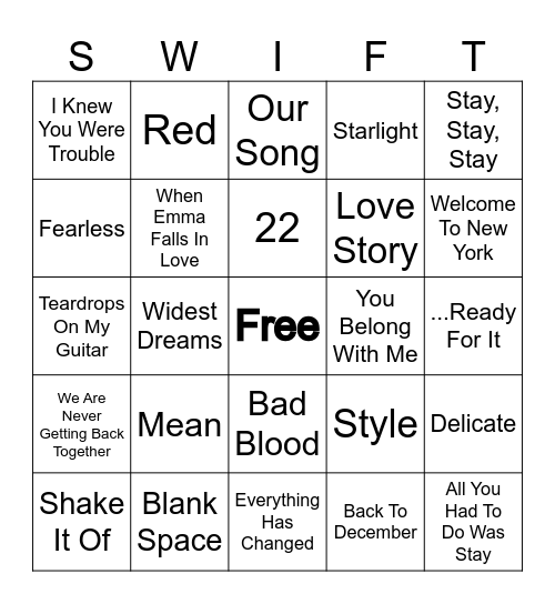 Taylor Swift Bingo Card