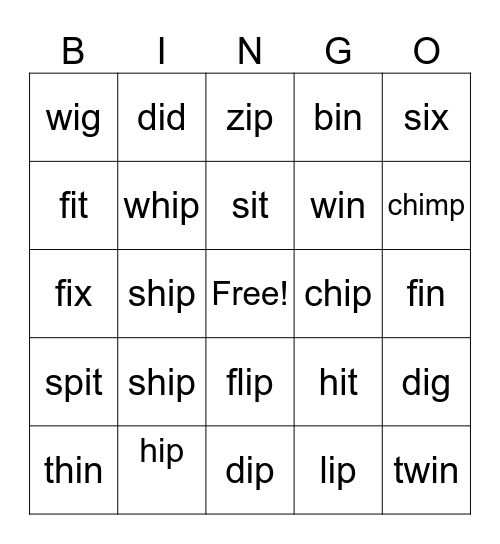 Short i Bingo Card