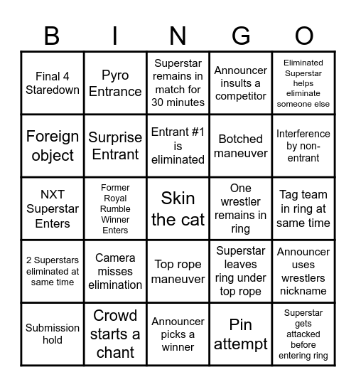 Elder Family Men's Royal Rumble 2024 Bingo Card