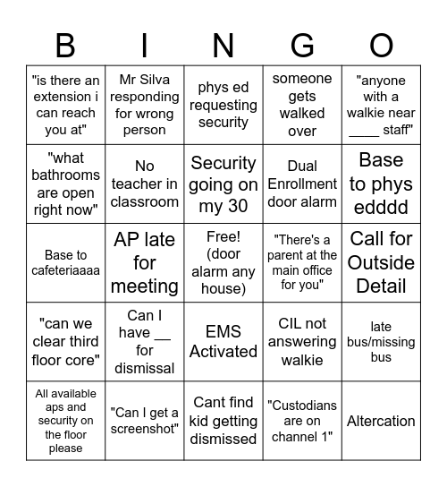 NBHS walkie bingo Card