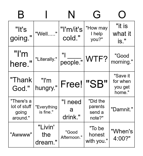 Frequent Phrases Bingo Card