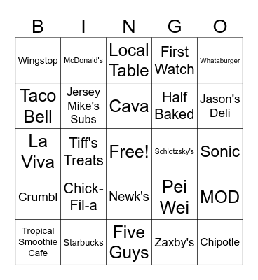 Door Dash Bingo Card