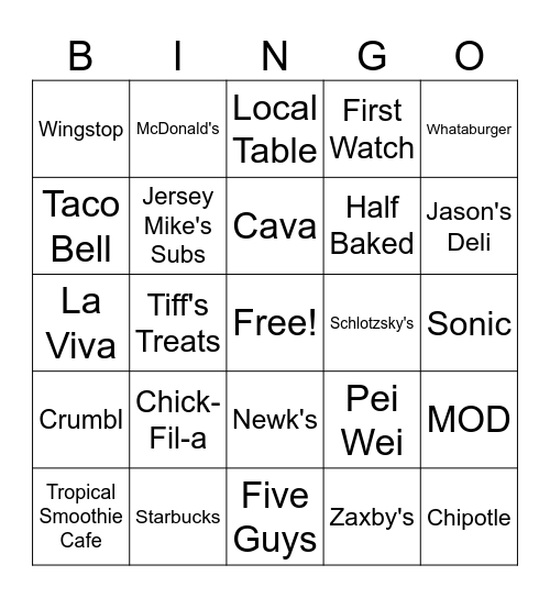 Door Dash Bingo Card