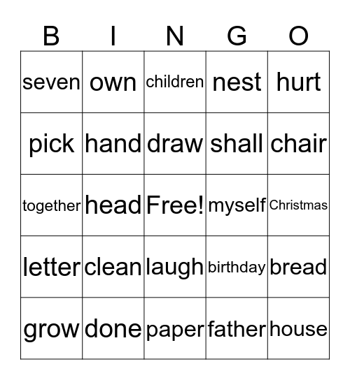 Sloan's Sight Words Bingo Card