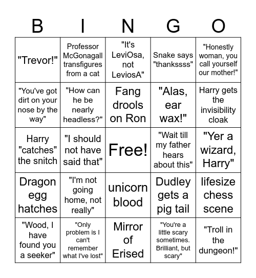 Harry Potter and the Sorcerer's Stone Bingo Card