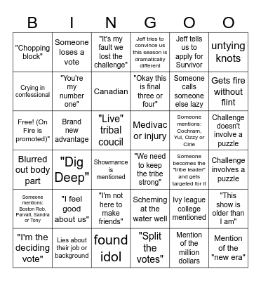 Survivor 46 Premiere Bingo Card