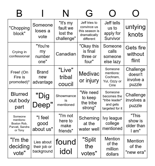 Survivor 46 Premiere Bingo Card