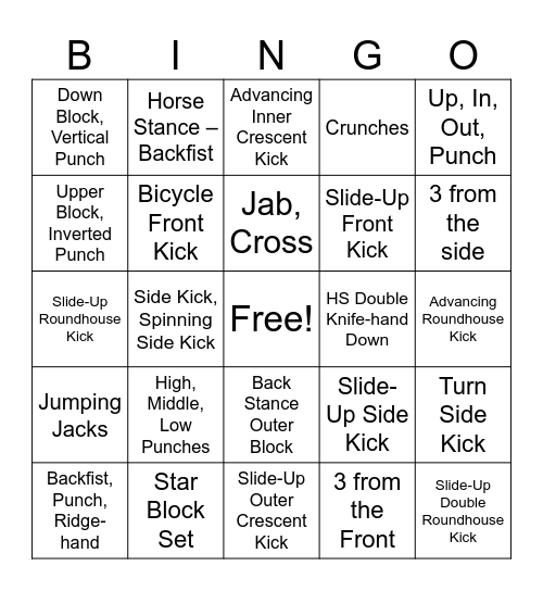 Intermediate Karate Bingo Card