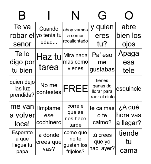 Frases comunes de las mamás latinas Bingo Card