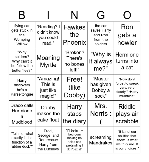 Harry Potter and the Chamber of Secrets Bingo Card