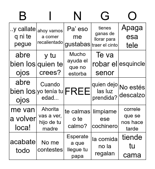 Frases comunes de las mamás latinas Bingo Card