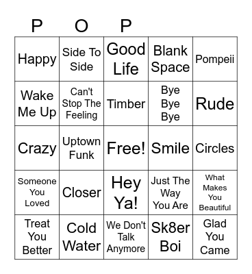 Pop Music Bingo Card