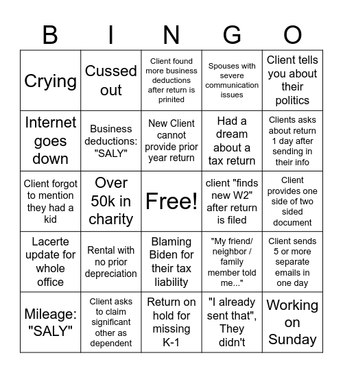 Tax Season Bingo Card