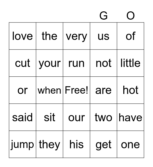 Sight Word Bingo Card