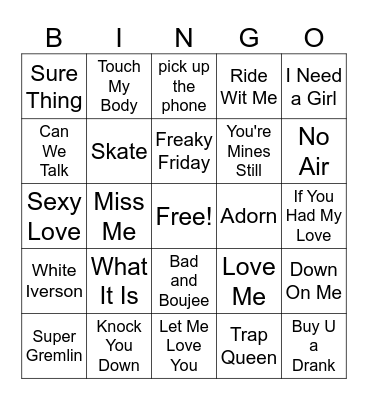 Hip Hop and RNB Bingo Card
