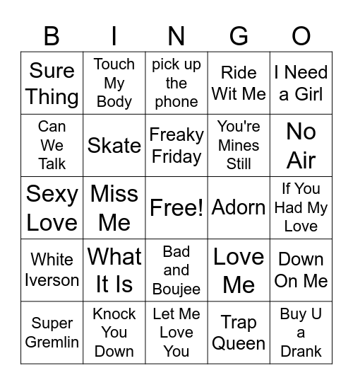 Hip Hop and RNB Bingo Card