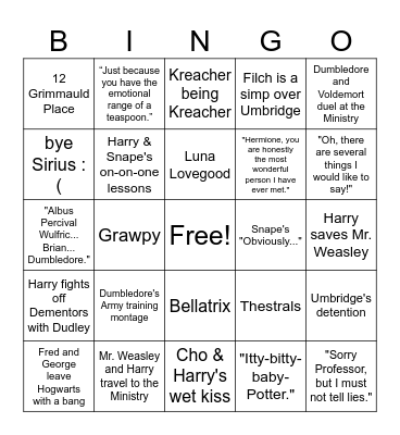Harry Potter and the Order of the Phoenix Bingo Card
