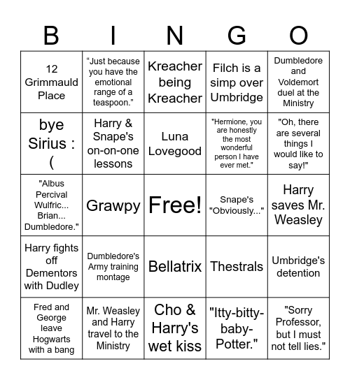 Harry Potter and the Order of the Phoenix Bingo Card