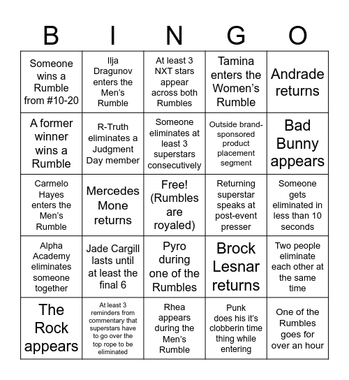 2024 Royal Rumble Bingo Card