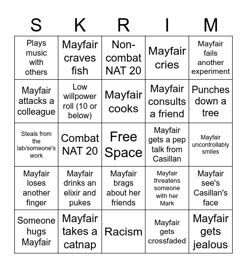 Mayfair Skrimgo Bingo Card