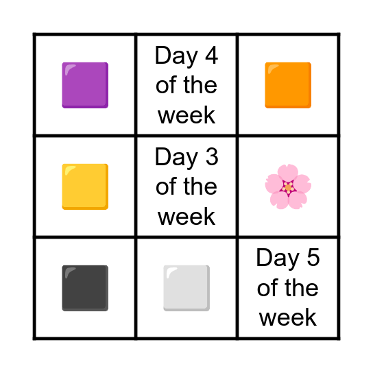 Colors and days Bingo Card